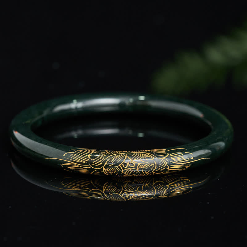 Buddha Stones Bracelet jonc en jade cyan naturel avec motif de lotus et de carpe koï, symbole d'éveil - image 1