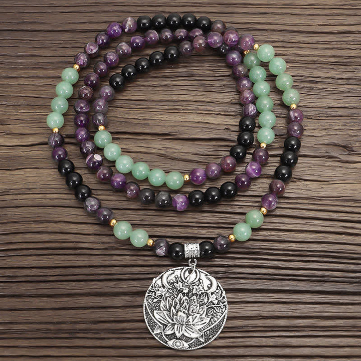 Bracelet de méditation Lotus en aventurine verte et améthyste avec 108 perles de Mala Buddha Stones - Collier - image 0