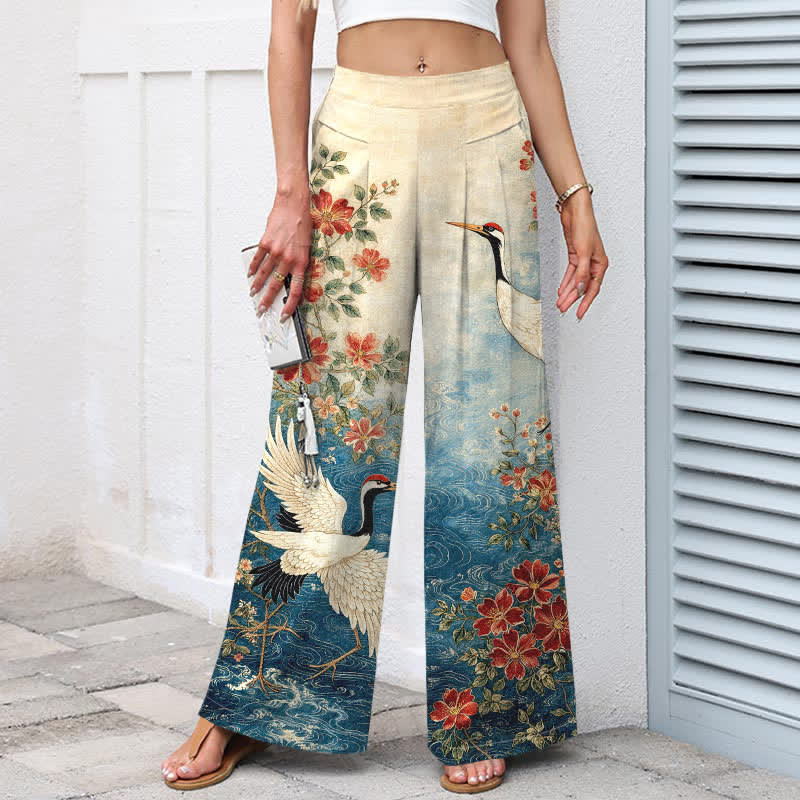 Buddha Stones Pantalon large en coton et lin à motif floral de grues pour femme, taille élastique et poches - Bleu - US16，UK/AU20，EU48 (3XL) - image 0