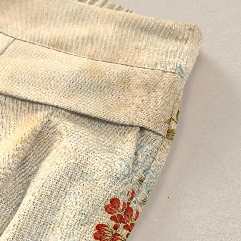 Buddha Stones Pantalon large en coton et lin à motif floral de grues pour femme, taille élastique et poches - image 1