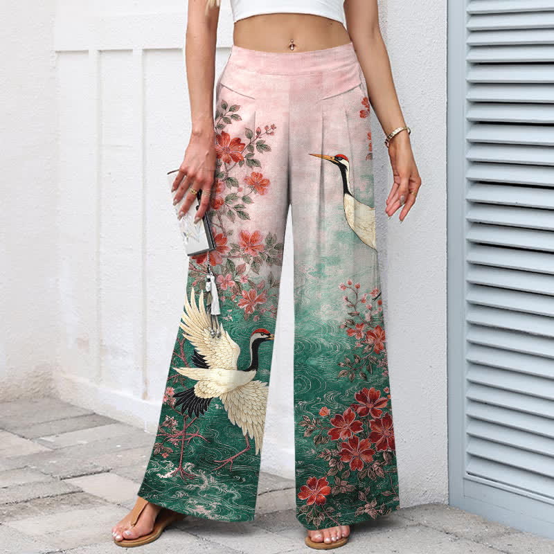 Buddha Stones Pantalon large en coton et lin à motif floral de grues pour femme, taille élastique et poches - image 4