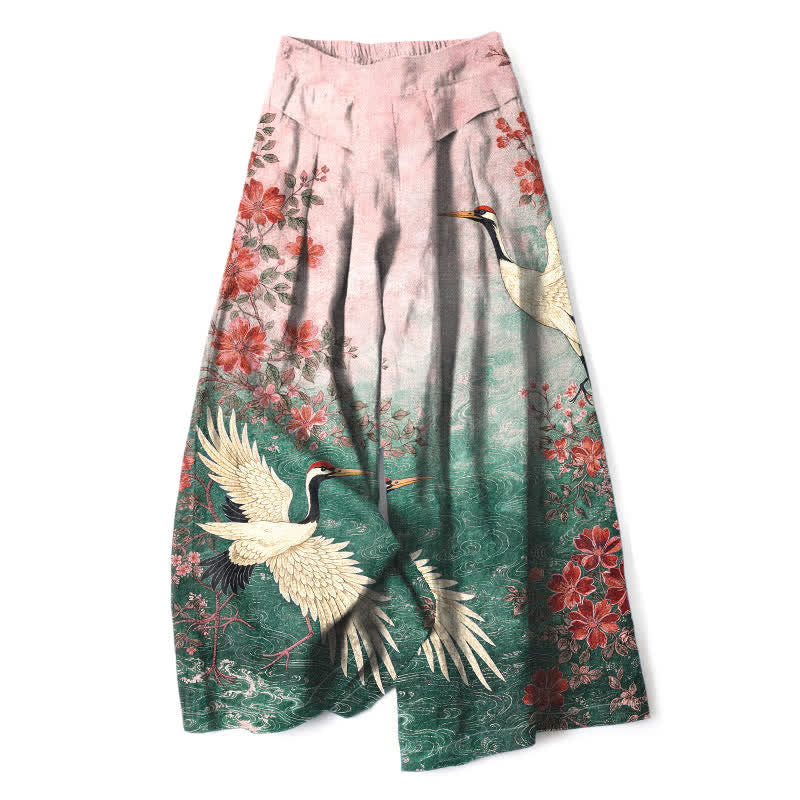 Buddha Stones Pantalon large en coton et lin à motif floral de grues pour femme, taille élastique et poches - Vert d'eau - US16，UK/AU20，EU48 (3XL) - image 3