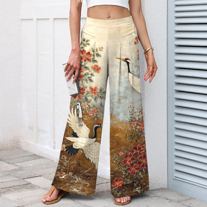 Buddha Stones Pantalon large en coton et lin à motif floral de grues pour femme, taille élastique et poches - image 8