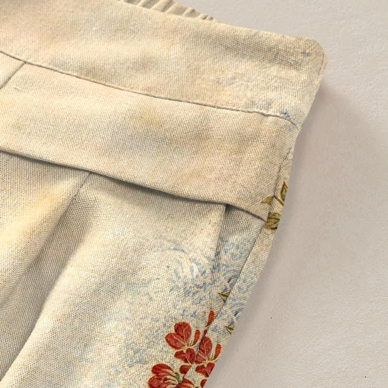 Buddha Stones Pantalon large en coton et lin à motif floral de grues pour femme, taille élastique et poches - image 9