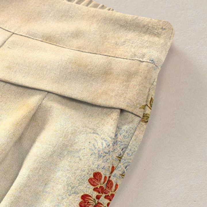 Buddha Stones Pantalon large en coton et lin à motif floral de grues pour femme, taille élastique et poches - image 9