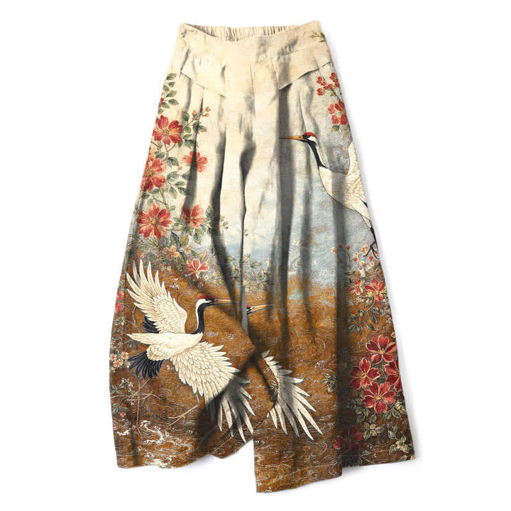 Buddha Stones Pantalon large en coton et lin à motif floral de grues pour femme, taille élastique et poches - verge d'or - US16，UK/AU20，EU48 (3XL) - image 7