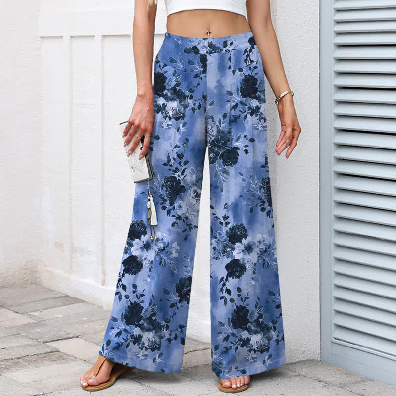 Buddha Stones Pantalon large à taille élastique et poches pour femme, en coton et lin à motif floral - image 1