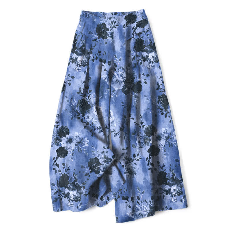 Buddha Stones Pantalon large à taille élastique et poches pour femme, en coton et lin à motif floral - Bleuet - US16，UK/AU20，EU48 (3XL) - image 0