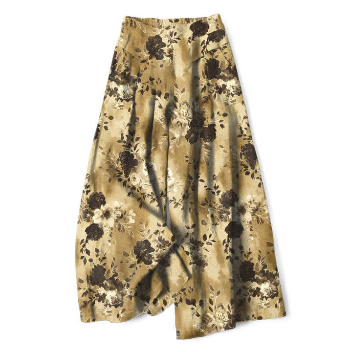 Buddha Stones Pantalon large à taille élastique et poches pour femme, en coton et lin à motif floral - Kaki - US16，UK/AU20，EU48 (3XL) - image 4