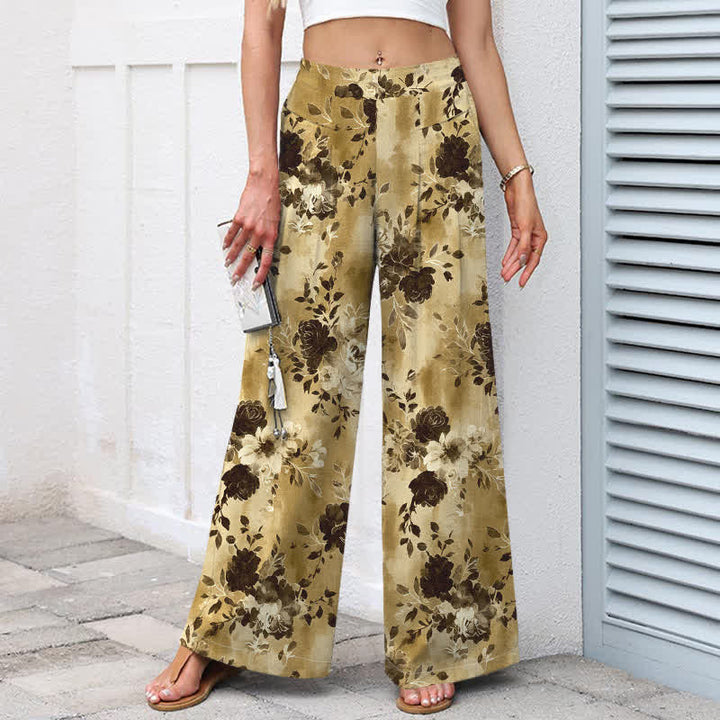 Buddha Stones Pantalon large à taille élastique et poches pour femme, en coton et lin à motif floral - image 5