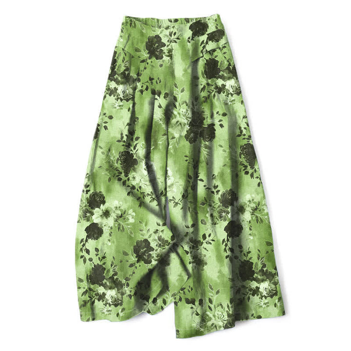Buddha Stones Pantalon large à taille élastique et poches pour femme, en coton et lin à motif floral - Vert clair - US16，UK/AU20，EU48 (3XL) - image 8
