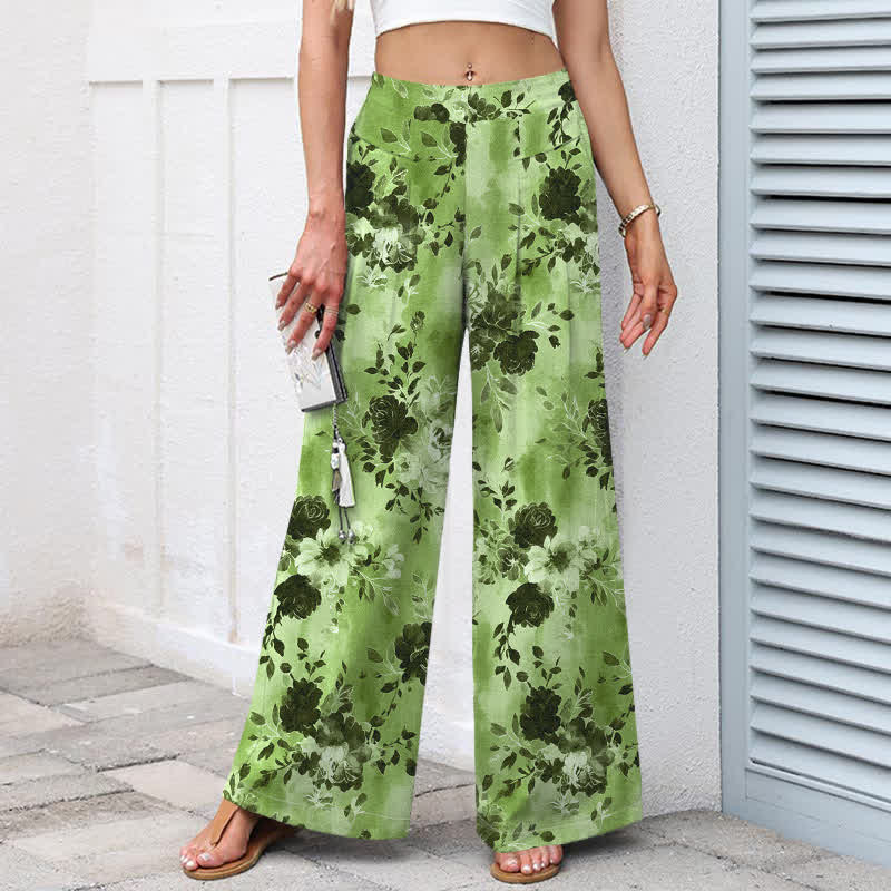 Buddha Stones Pantalon large à taille élastique et poches pour femme, en coton et lin à motif floral - image 9