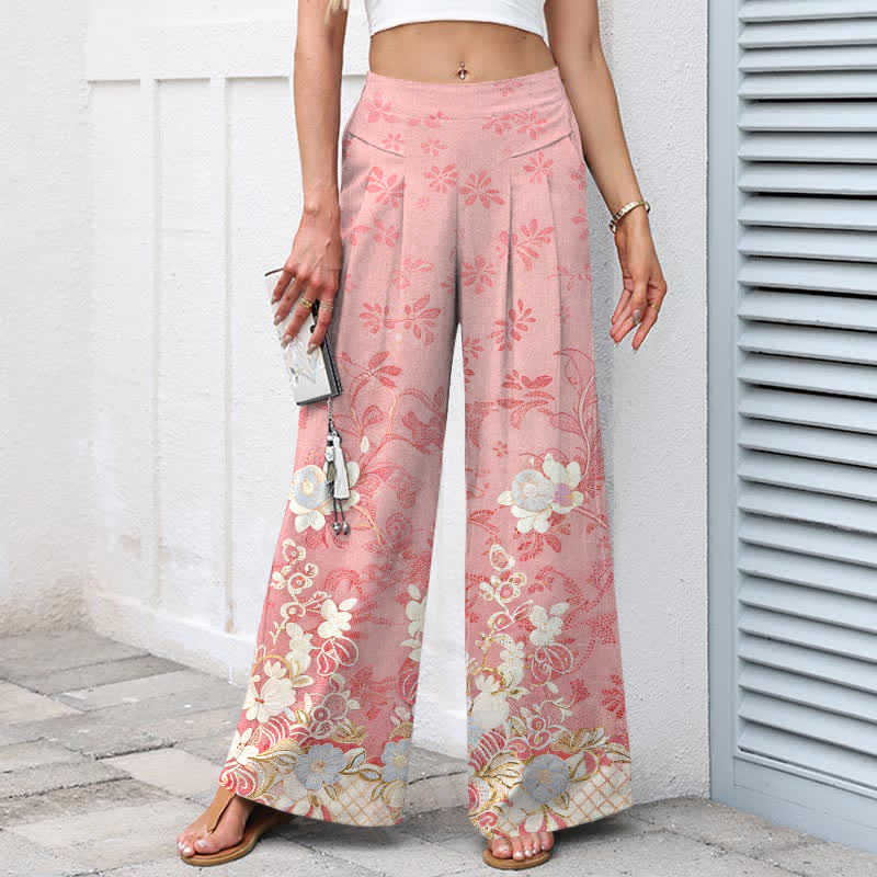 Buddha Stones Pantalon large en coton et lin à motif floral romantique pour femme, taille élastique et poches - image 1