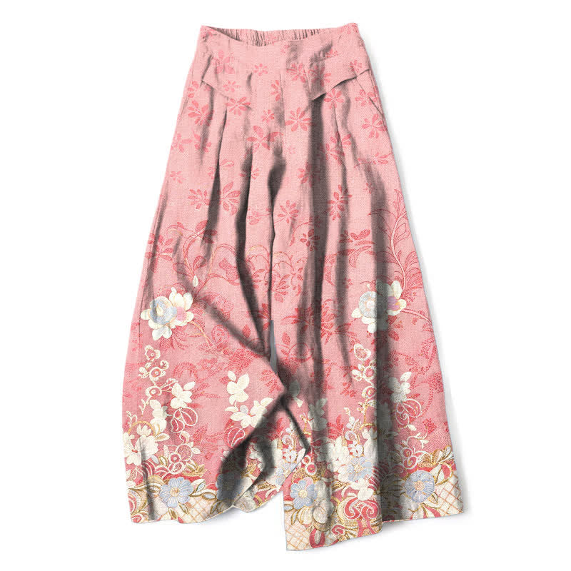 Buddha Stones Pantalon large en coton et lin à motif floral romantique pour femme, taille élastique et poches - Rose clair - US16，UK/AU20，EU48 (3XL) - image 0