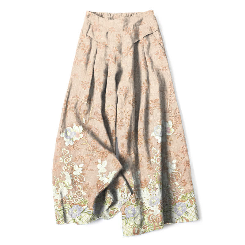 Buddha Stones Pantalon large en coton et lin à motif floral romantique pour femme, taille élastique et poches - Blé - US16，UK/AU20，EU48 (3XL) - image 4