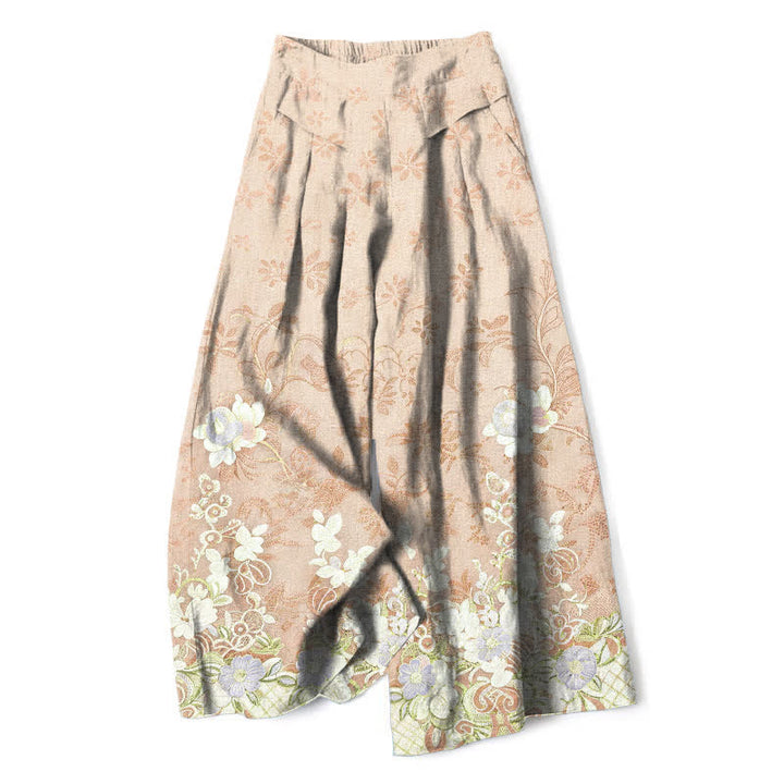Buddha Stones Pantalon large en coton et lin à motif floral romantique pour femme, taille élastique et poches - Blé - US16，UK/AU20，EU48 (3XL) - image 4
