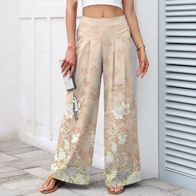 Buddha Stones Pantalon large en coton et lin à motif floral romantique pour femme, taille élastique et poches - image 5