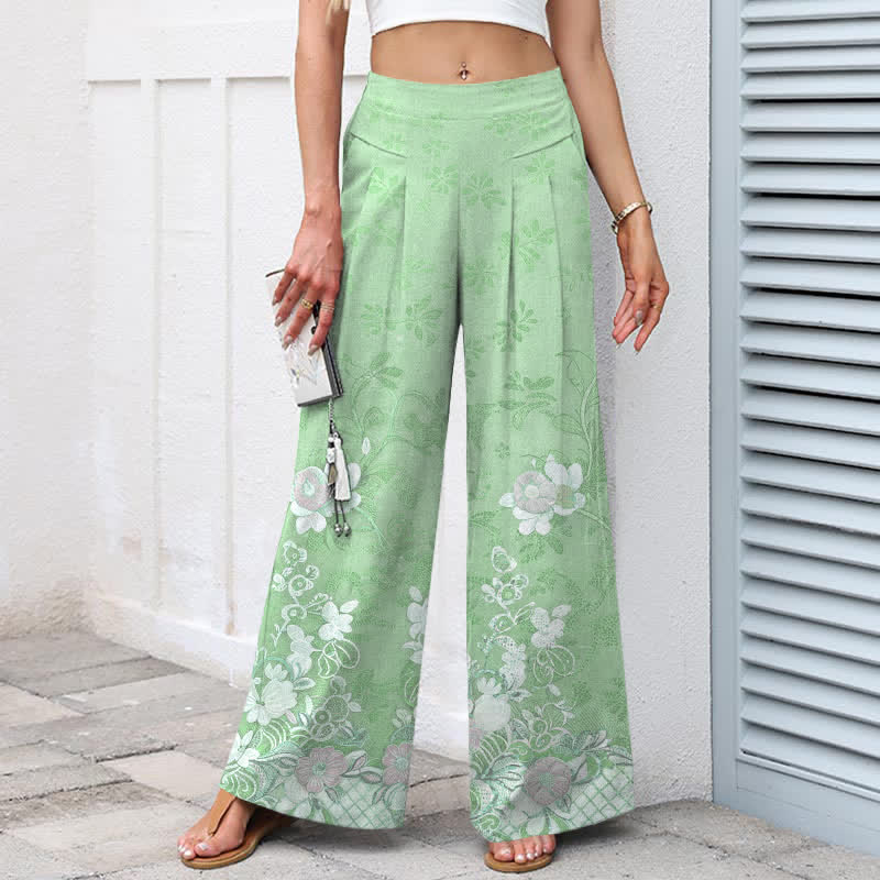 Buddha Stones Pantalon large en coton et lin à motif floral romantique pour femme, taille élastique et poches - image 9