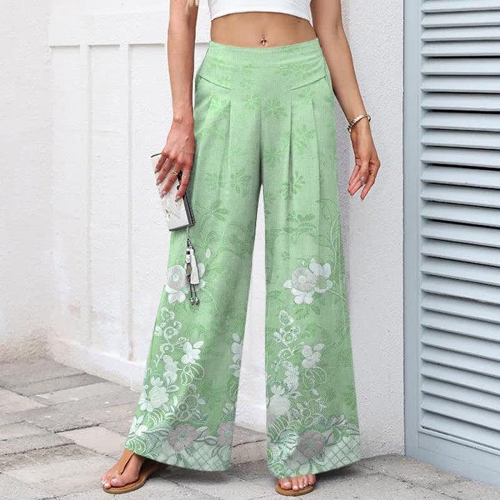 Buddha Stones Pantalon large en coton et lin à motif floral romantique pour femme, taille élastique et poches - image 9