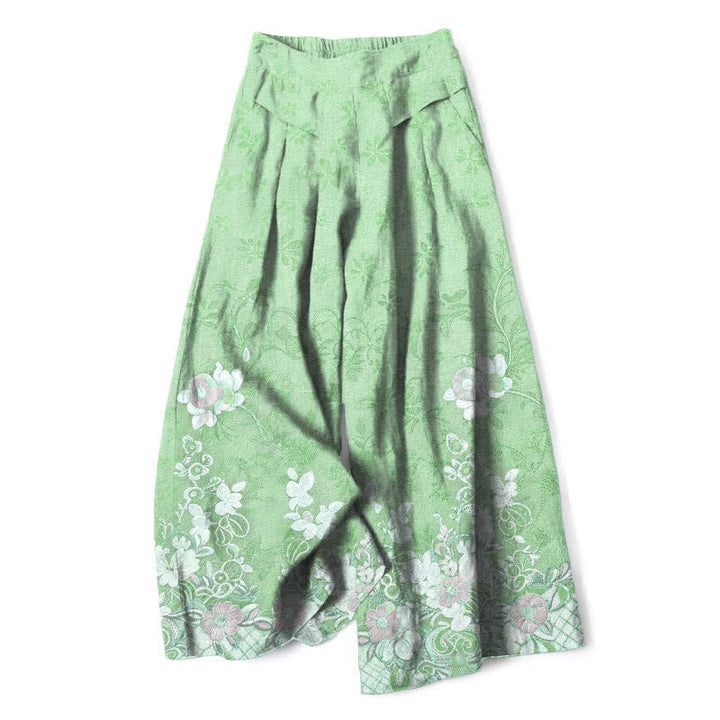 Buddha Stones Pantalon large en coton et lin à motif floral romantique pour femme, taille élastique et poches - Vert pâle - US16，UK/AU20，EU48 (3XL) - image 8