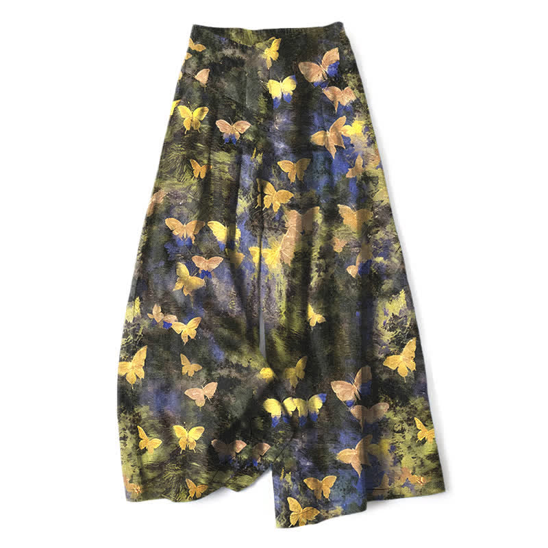 Buddha Stones Pantalon large à taille élastique et poches pour femme, en coton et lin, motif papillon - Jaune - US16，UK/AU20，EU48 (3XL) - image 0