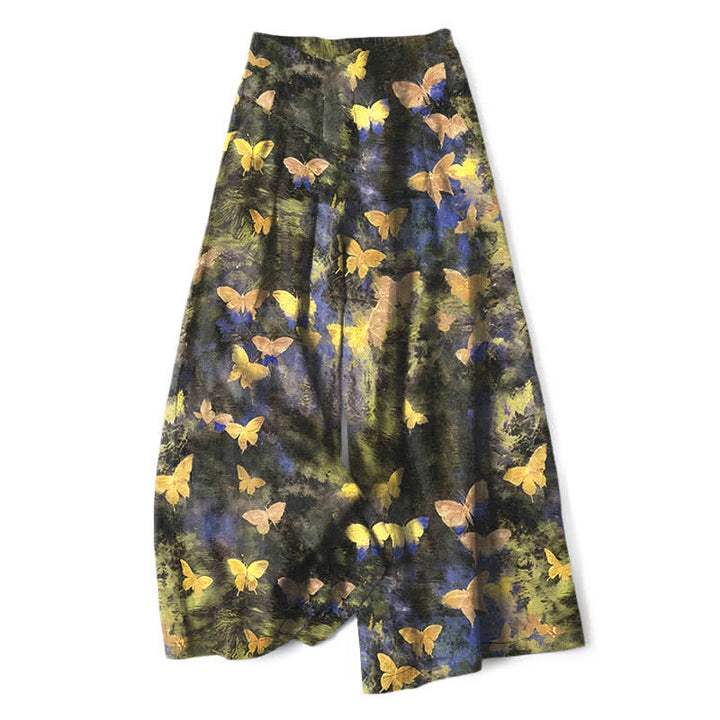 Buddha Stones Pantalon large à taille élastique et poches pour femme, en coton et lin, motif papillon - Jaune - US16，UK/AU20，EU48 (3XL) - image 0