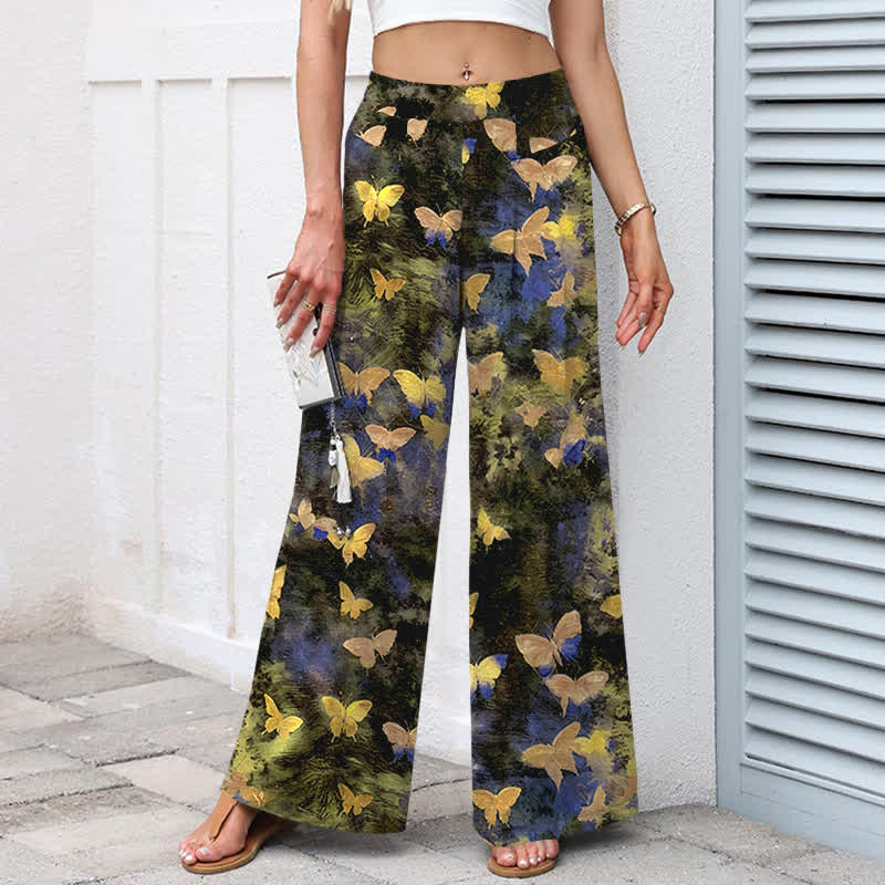 Buddha Stones Pantalon large à taille élastique et poches pour femme, en coton et lin, motif papillon - image 1