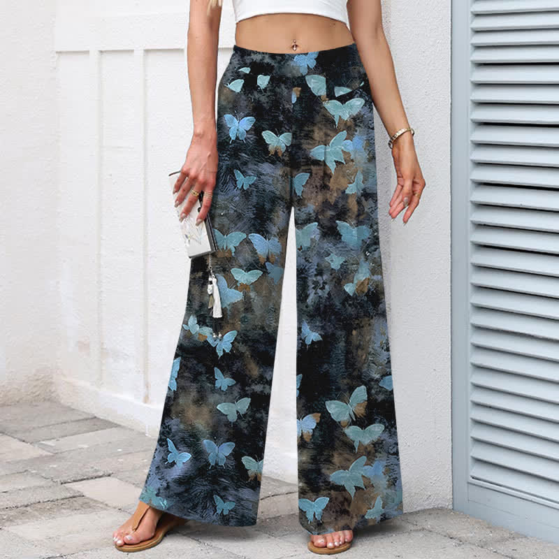 Buddha Stones Pantalon large à taille élastique et poches pour femme, en coton et lin, motif papillon - image 5