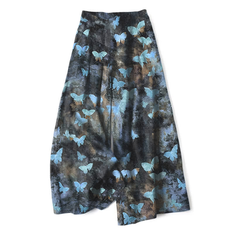 Buddha Stones Pantalon large à taille élastique et poches pour femme, en coton et lin, motif papillon - Bleu ciel profond - US16，UK/AU20，EU48 (3XL) - image 4