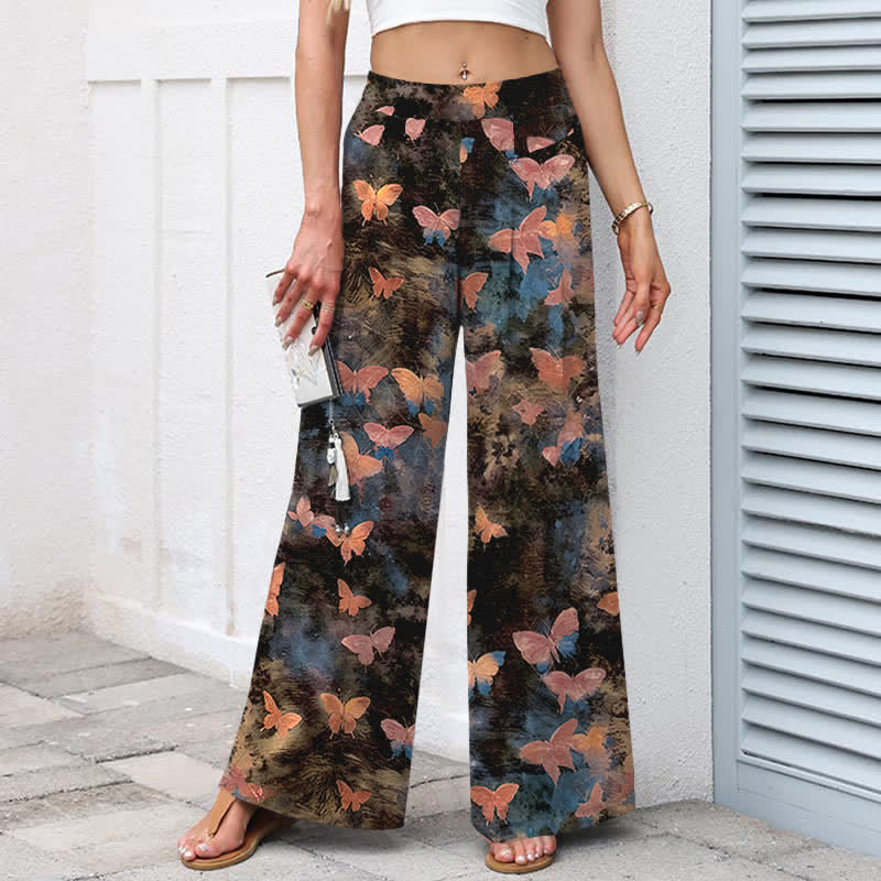 Buddha Stones Pantalon large à taille élastique et poches pour femme, en coton et lin, motif papillon - image 9