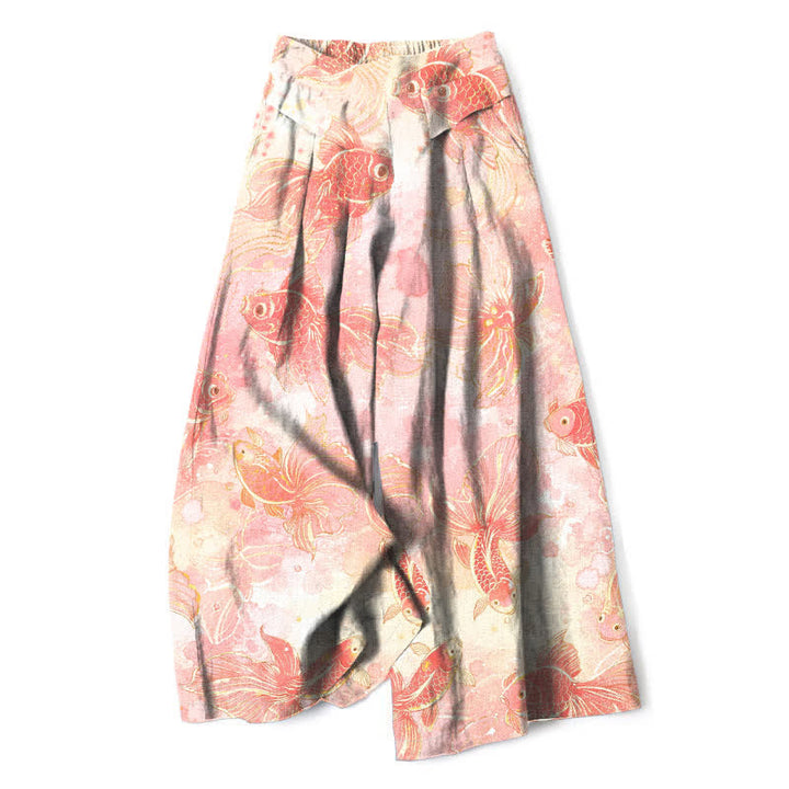 Buddha Stones Pantalon large en coton et lin à motif floral et carpes koï pour femme, avec poches et taille élastique - Rose clair - US16，UK/AU20，EU48 (3XL) - image 0