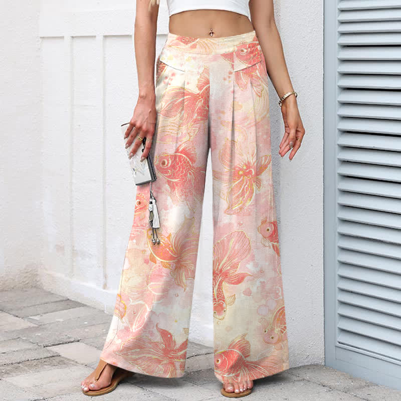 Buddha Stones Pantalon large en coton et lin à motif floral et carpes koï pour femme, avec poches et taille élastique - image 1