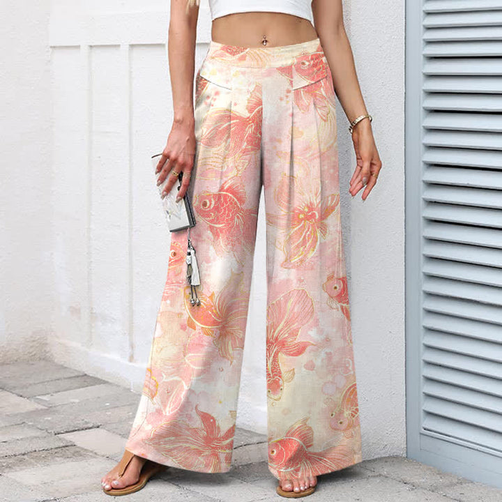 Buddha Stones Pantalon large en coton et lin à motif floral et carpes koï pour femme, avec poches et taille élastique - image 1