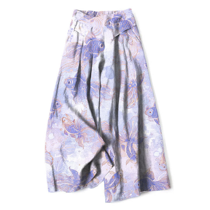 Buddha Stones Pantalon large en coton et lin à motif floral et carpes koï pour femme, avec poches et taille élastique - Lavande - US16，UK/AU20，EU48 (3XL) - image 4