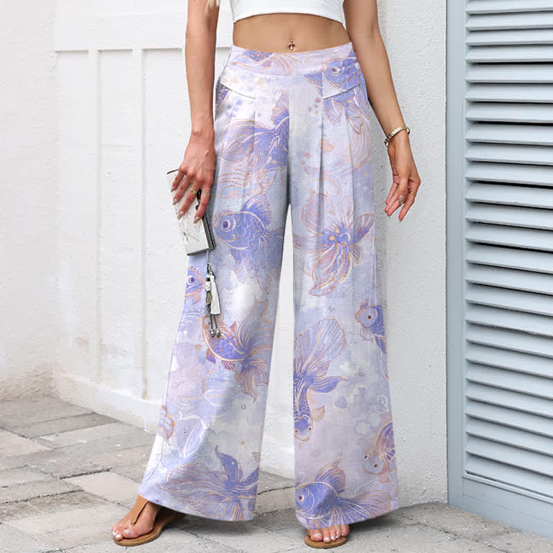 Buddha Stones Pantalon large en coton et lin à motif floral et carpes koï pour femme, avec poches et taille élastique - image 5