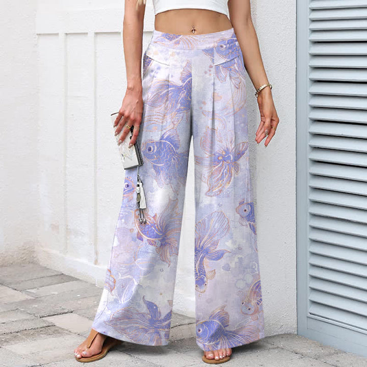 Buddha Stones Pantalon large en coton et lin à motif floral et carpes koï pour femme, avec poches et taille élastique - image 5
