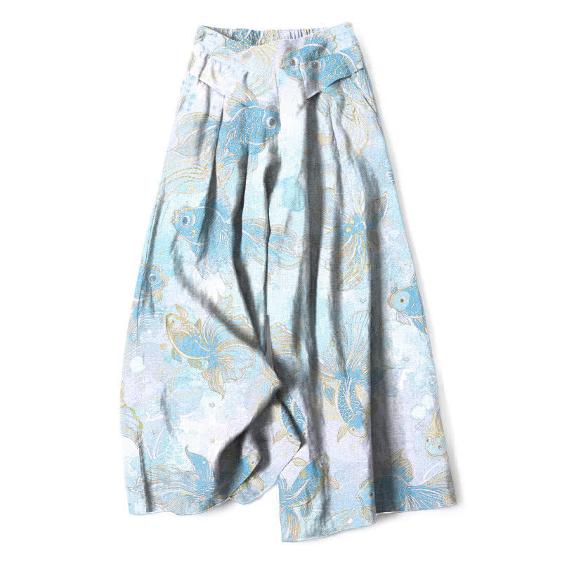 Buddha Stones Pantalon large en coton et lin à motif floral et carpes koï pour femme, avec poches et taille élastique - Turquoise pâle - US16，UK/AU20，EU48 (3XL) - image 8