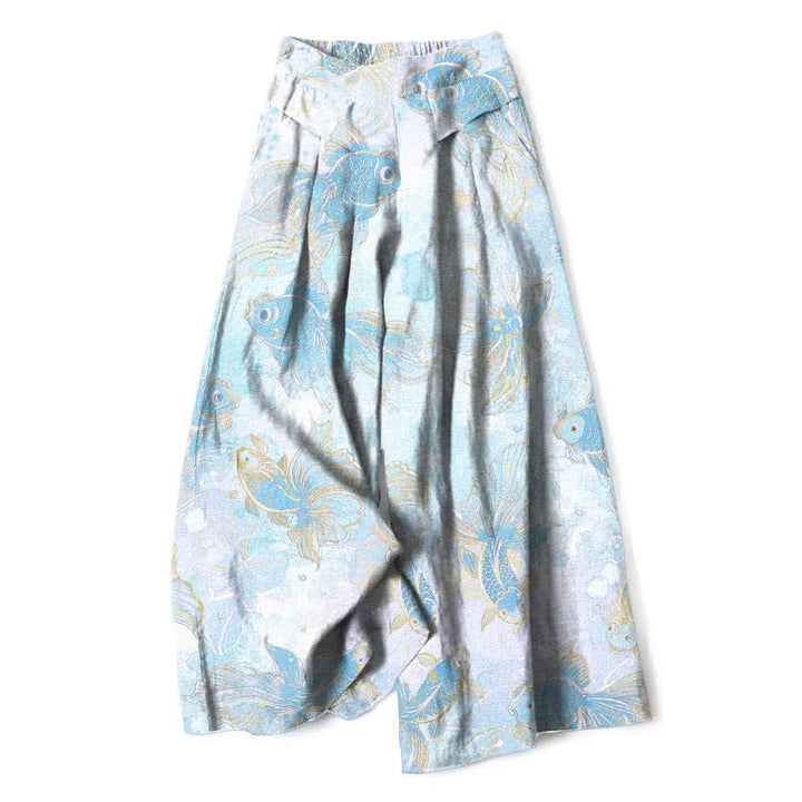 Buddha Stones Pantalon large en coton et lin à motif floral et carpes koï pour femme, avec poches et taille élastique - Turquoise pâle - US16，UK/AU20，EU48 (3XL) - image 8