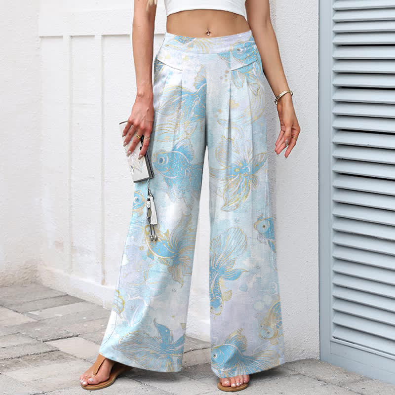 Buddha Stones Pantalon large en coton et lin à motif floral et carpes koï pour femme, avec poches et taille élastique - image 9