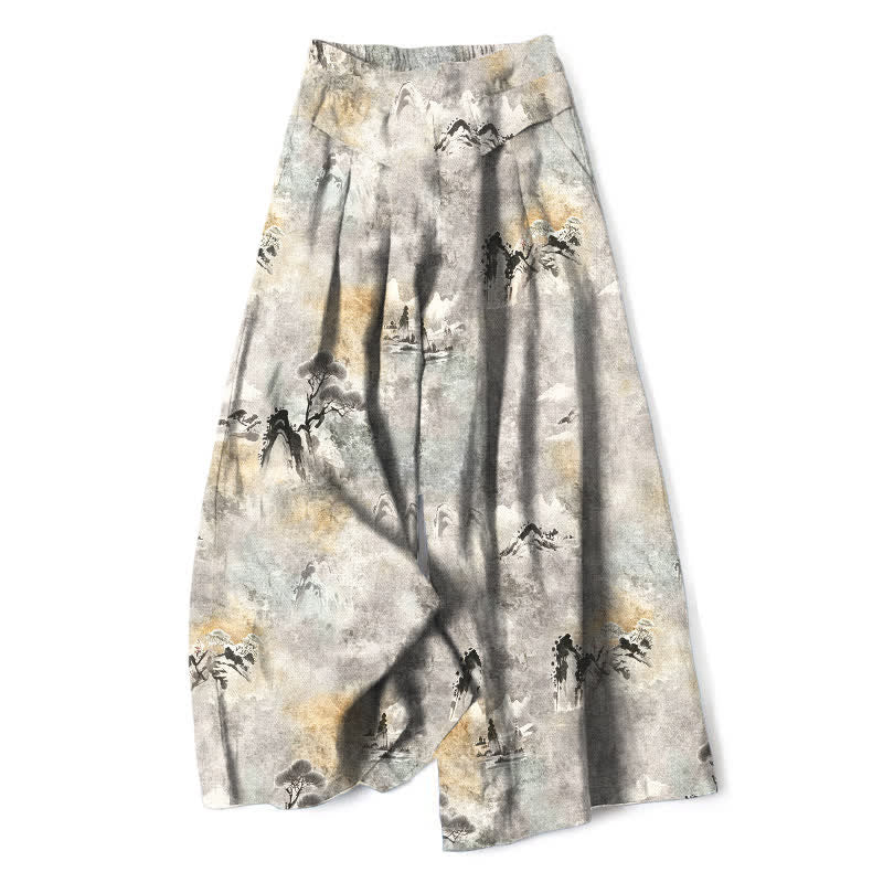 Buddha Stones Pantalon large pour femme en coton et lin à motif délavé, taille élastique et poches - Gris clair - US16，UK/AU20，EU48 (3XL) - image 0