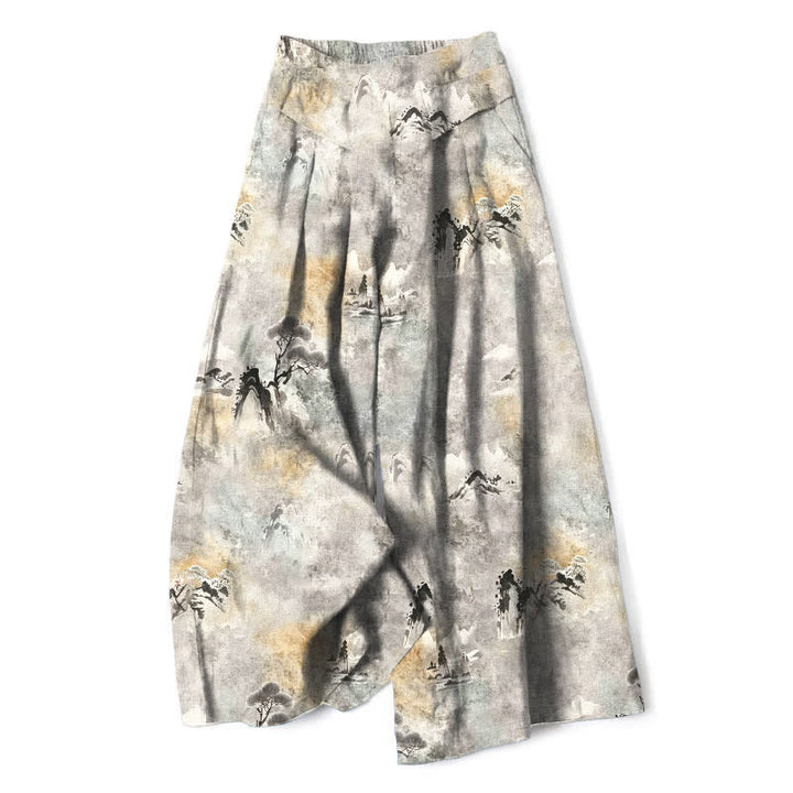 Buddha Stones Pantalon large pour femme en coton et lin à motif délavé, taille élastique et poches - Gris clair - US16，UK/AU20，EU48 (3XL) - image 0