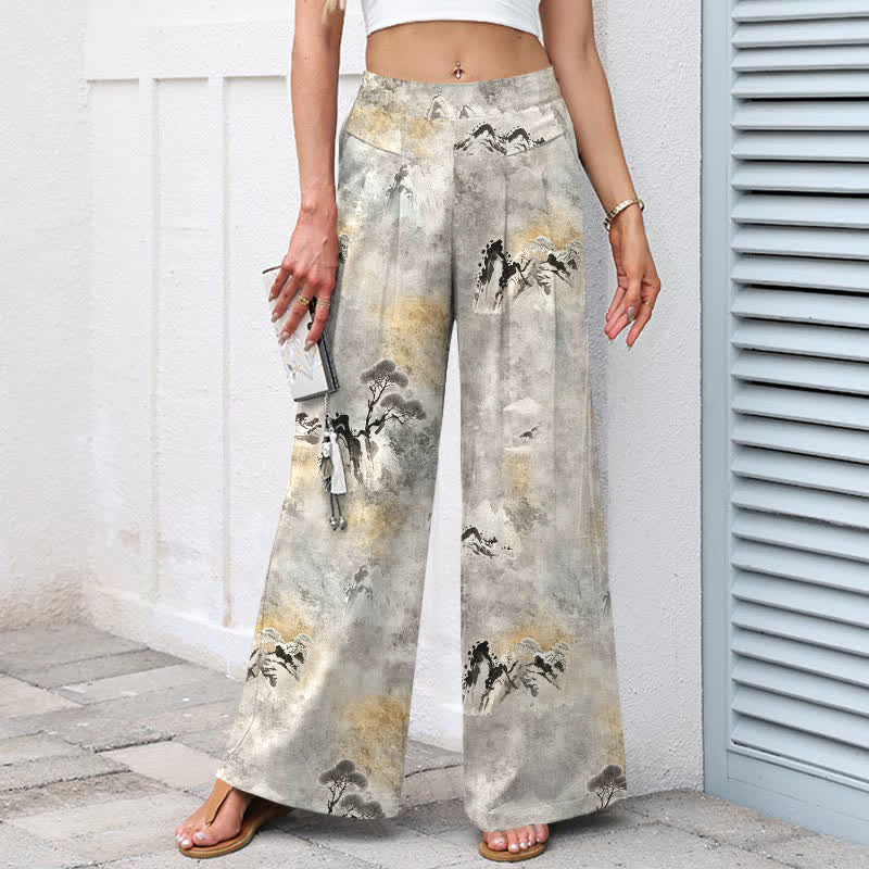 Buddha Stones Pantalon large pour femme en coton et lin à motif délavé, taille élastique et poches - image 1