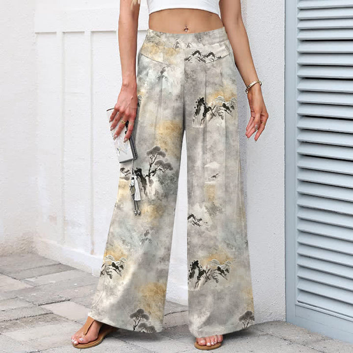 Buddha Stones Pantalon large pour femme en coton et lin à motif délavé, taille élastique et poches - image 1