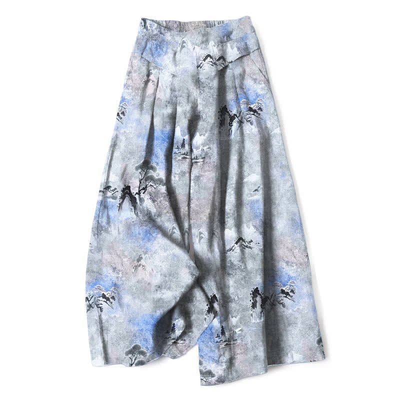 Buddha Stones Pantalon large pour femme en coton et lin à motif délavé, taille élastique et poches - Bleu acier clair - US16，UK/AU20，EU48 (3XL) - image 4
