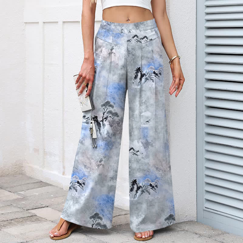 Buddha Stones Pantalon large pour femme en coton et lin à motif délavé, taille élastique et poches - image 5