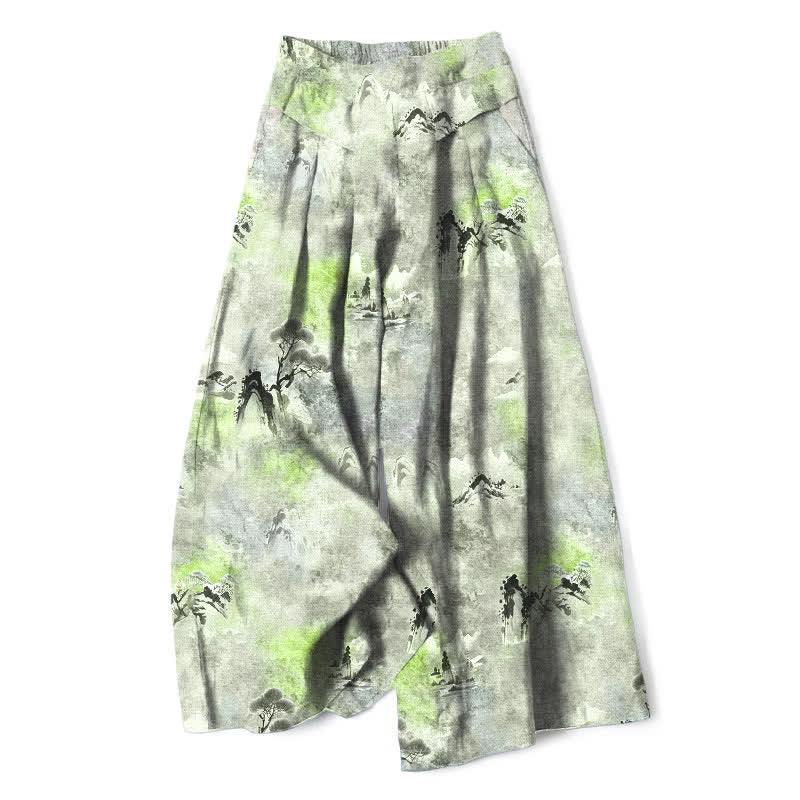Buddha Stones Pantalon large pour femme en coton et lin à motif délavé, taille élastique et poches - Vert clair - US16，UK/AU20，EU48 (3XL) - image 8