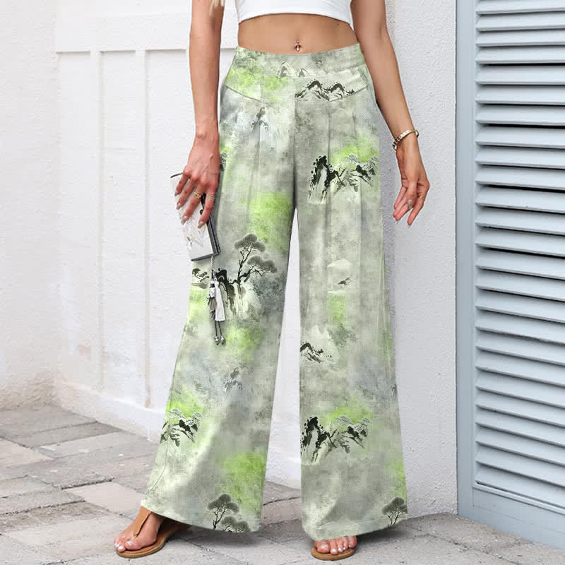 Buddha Stones Pantalon large pour femme en coton et lin à motif délavé, taille élastique et poches - image 9