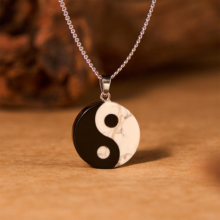 Buddha Stones Collier Yin Yang Tai Chi en obsidienne noire naturelle et turquoise blanche, symbole de force et de puissance. - image 2