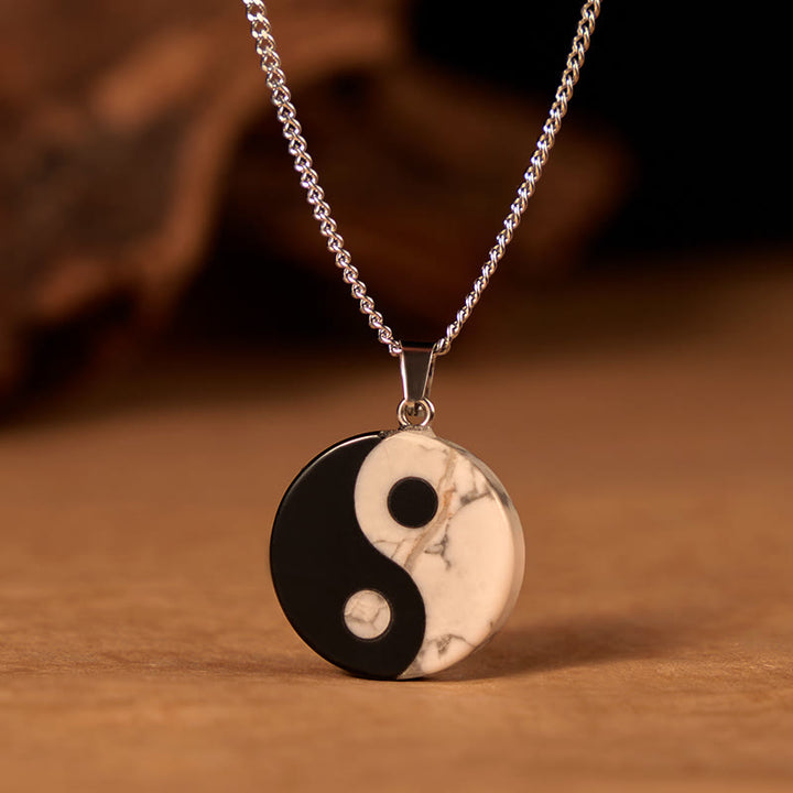 Buddha Stones Collier Yin Yang Tai Chi en obsidienne noire naturelle et turquoise blanche, symbole de force et de puissance. - Yin-Yang - image 0