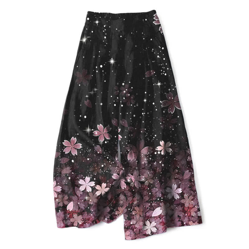 Buddha Stones Pantalon large à taille élastique et poches pour femme, en coton et lin noir à motif sakura - Rose - US16，UK/AU20，EU48 (3XL) - image 0